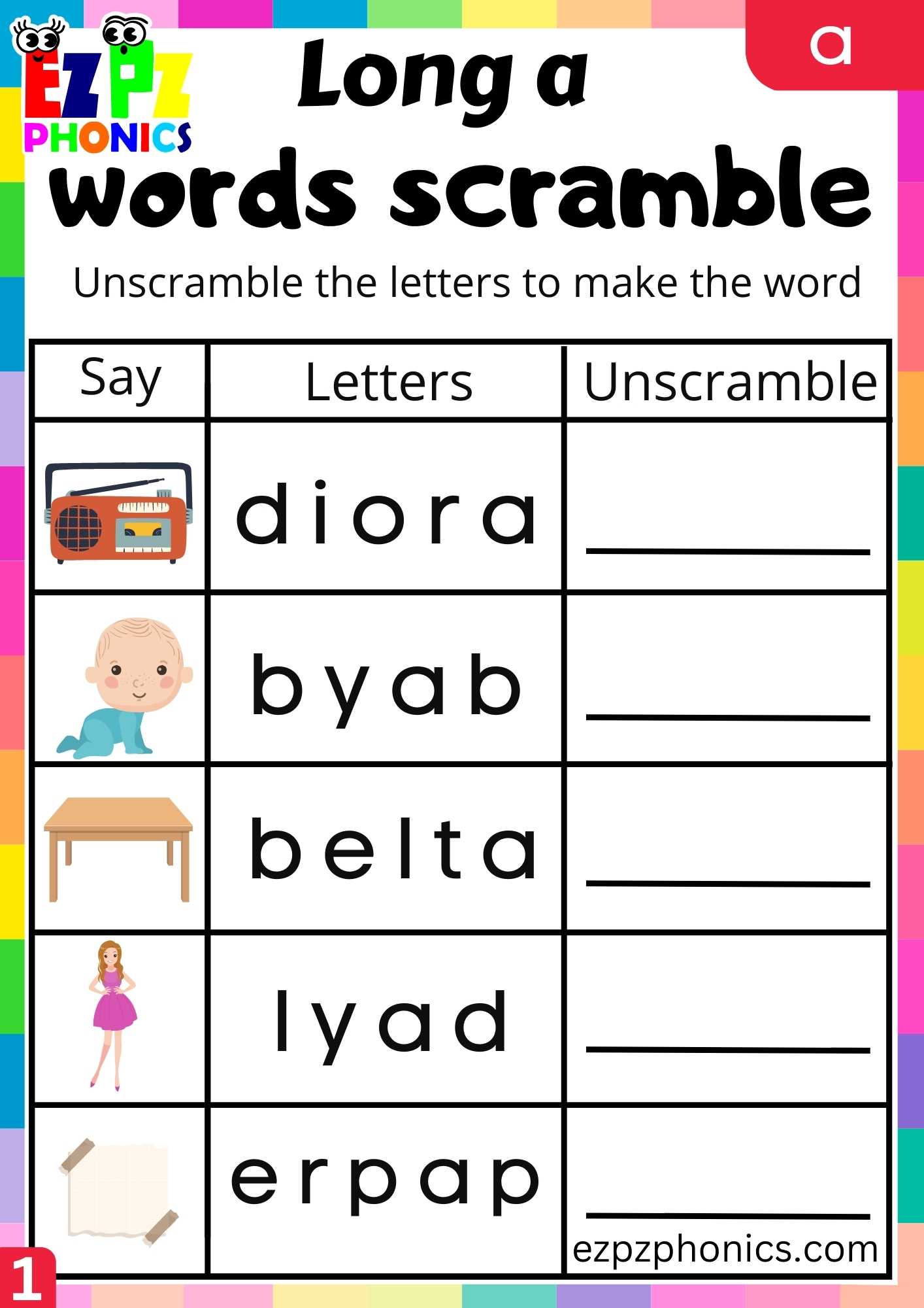 Group1 A Words Words Scramble Long A Phonics Worksheet